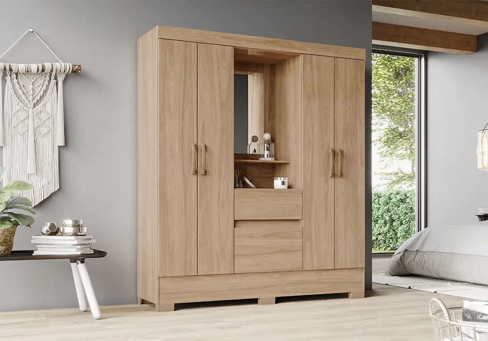 Armoire 4 Portes 2 Tiroirs avec Miroir